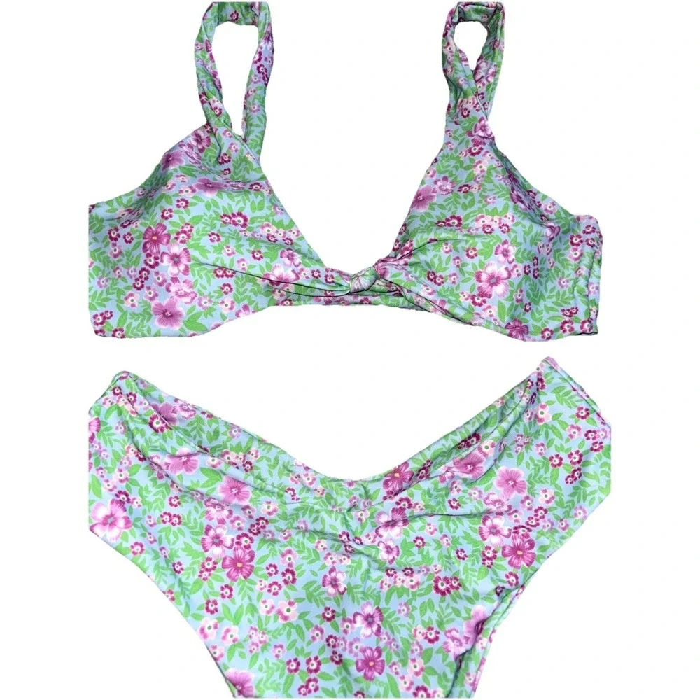 Womens‎ Ruched Swimsuits Bikini Set High-Cut Bottom Small Green Floral Stretch